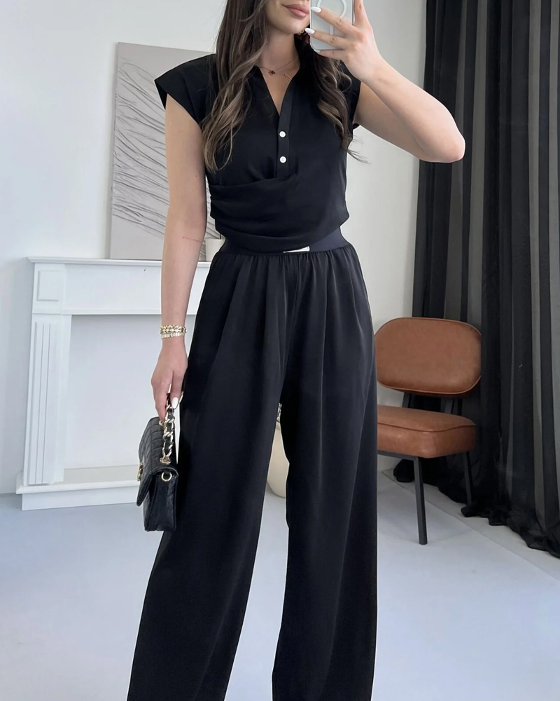 Solid Commuter Lappel Top & Pants Two-Piece Set