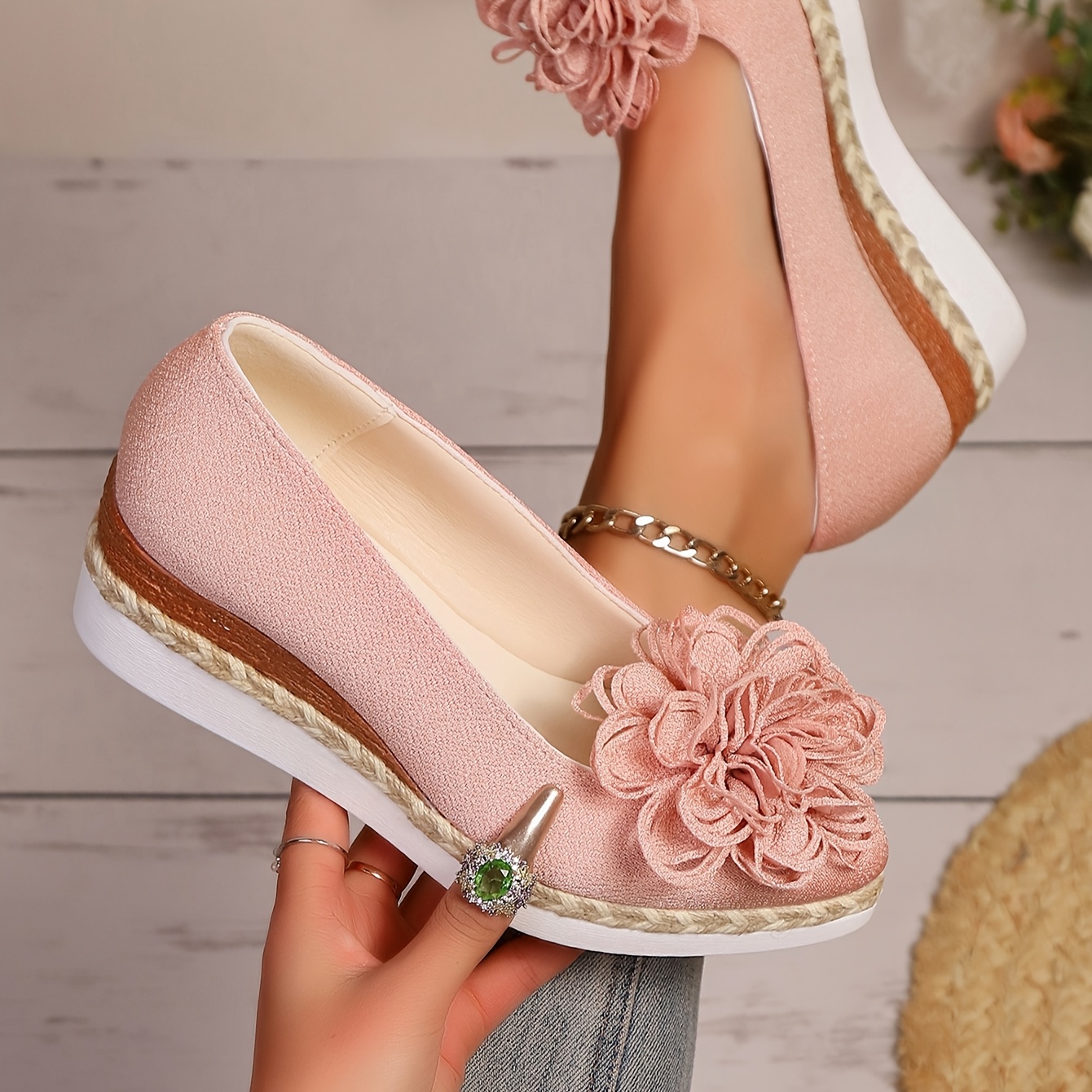 Women's Beige Espadrille Wedge Shoes with Floral Accent - Non-Slip, Lightweight PU Sole, Comfortable PVC Inner Lining, Fashionable Pointed Toe Design, Cute Shoes