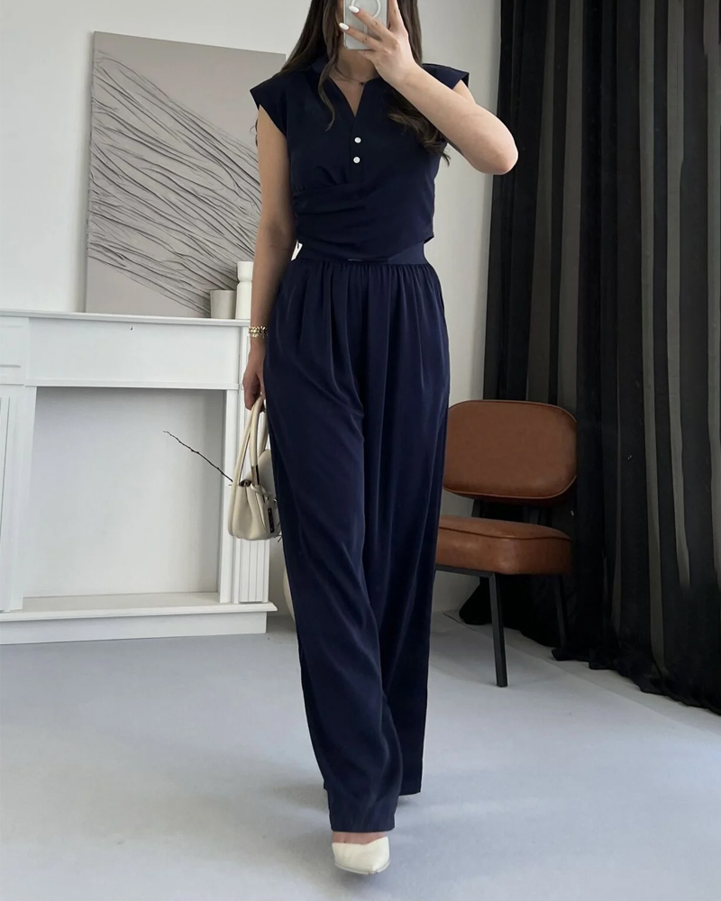 Solid Commuter Lappel Top & Pants Two-Piece Set
