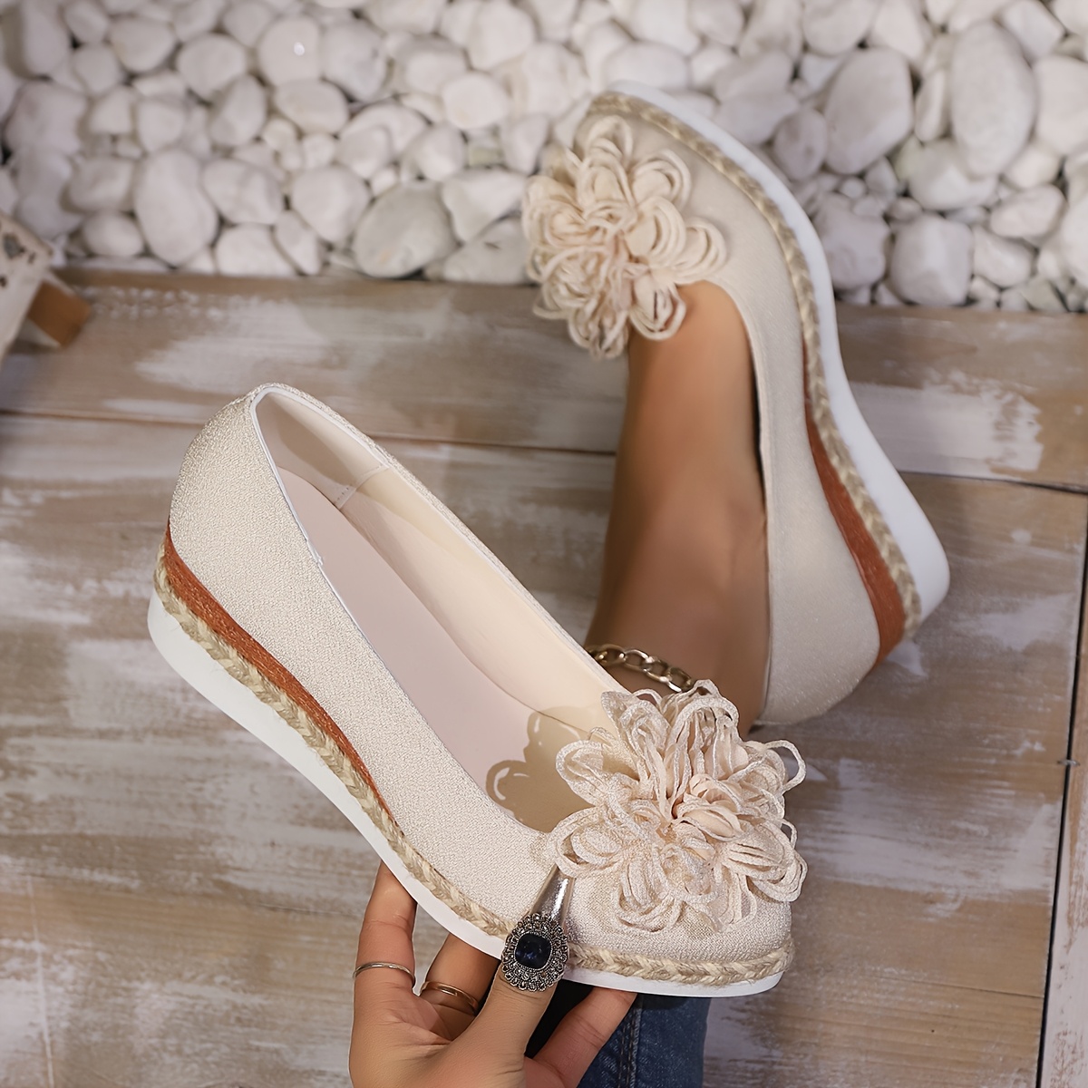 Women's Beige Espadrille Wedge Shoes with Floral Accent - Non-Slip, Lightweight PU Sole, Comfortable PVC Inner Lining, Fashionable Pointed Toe Design, Cute Shoes