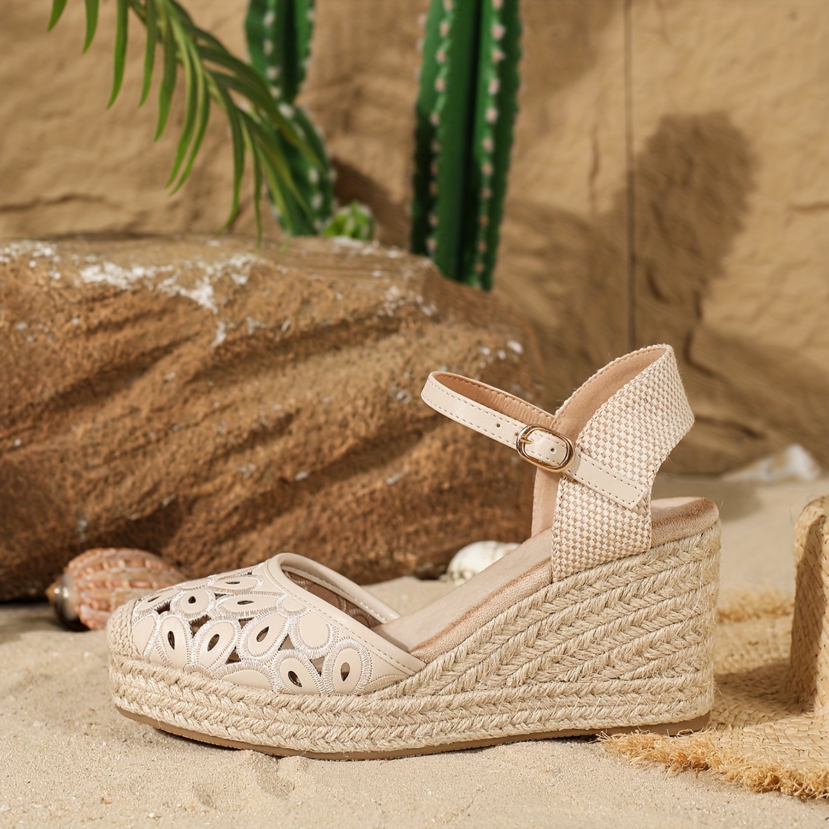Women's Floral Espadrille Wedge Sandals - Casual Vacation Style with Ankle Strap, White Cut-Out Design, Round Toe, and TPR Sole for Spring Outings, Ladies Sandals