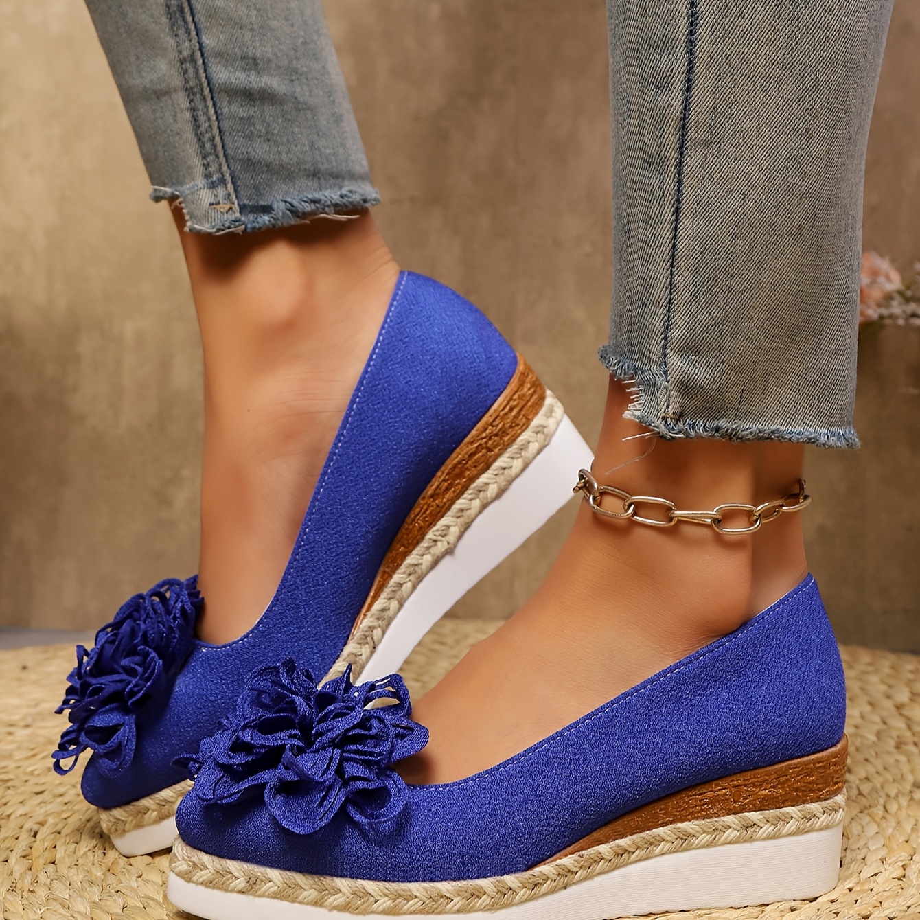 Women's Beige Espadrille Wedge Shoes with Floral Accent - Non-Slip, Lightweight PU Sole, Comfortable PVC Inner Lining, Fashionable Pointed Toe Design, Cute Shoes