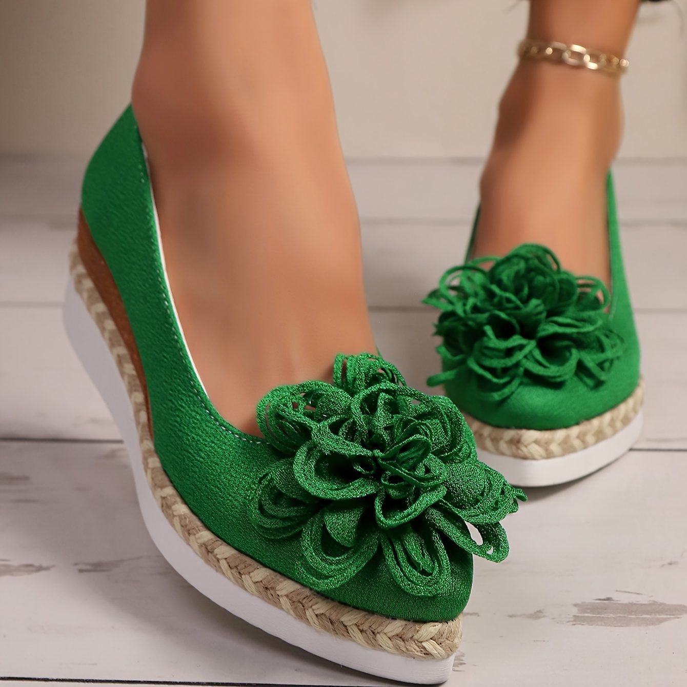 Women's Beige Espadrille Wedge Shoes with Floral Accent - Non-Slip, Lightweight PU Sole, Comfortable PVC Inner Lining, Fashionable Pointed Toe Design, Cute Shoes
