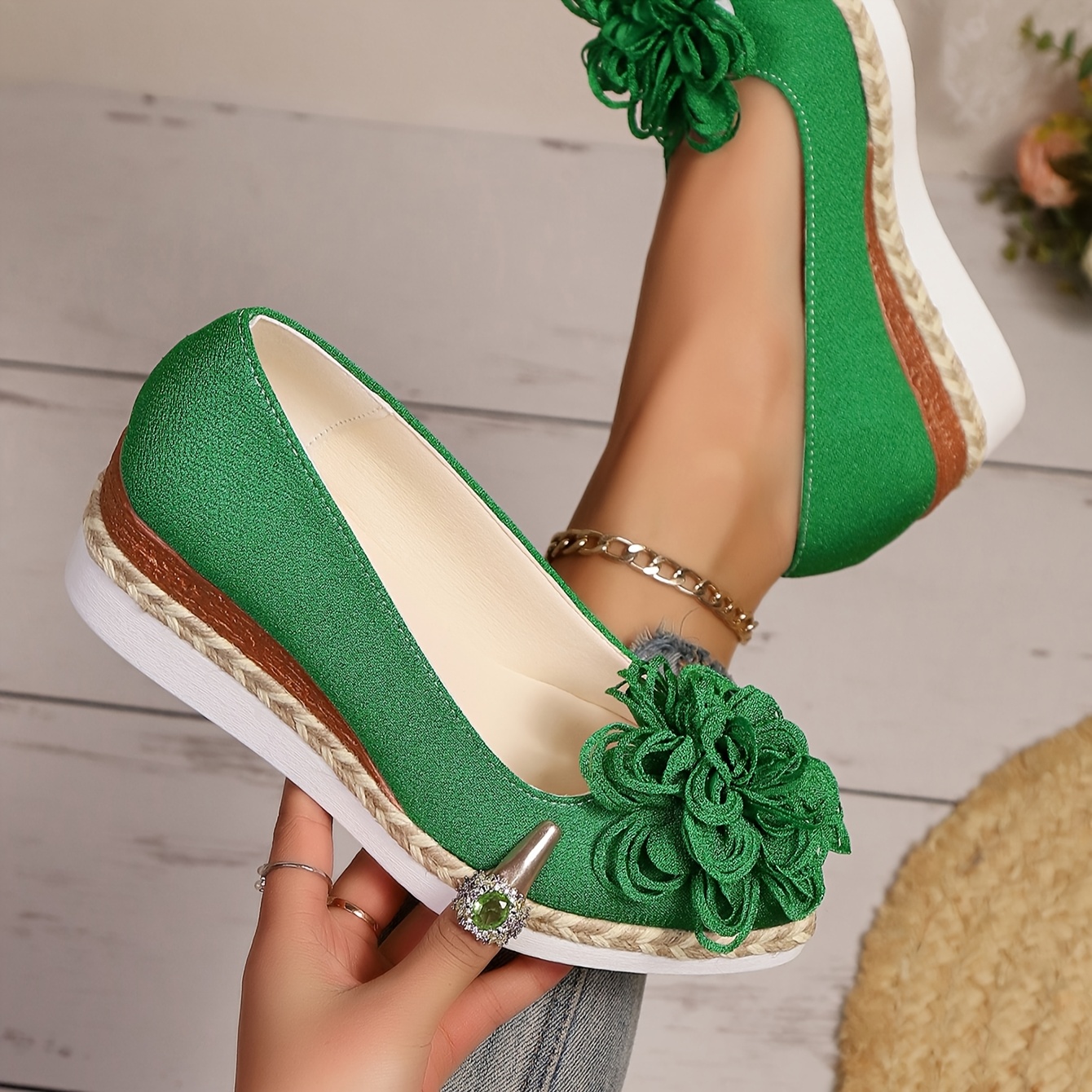 Women's Beige Espadrille Wedge Shoes with Floral Accent - Non-Slip, Lightweight PU Sole, Comfortable PVC Inner Lining, Fashionable Pointed Toe Design, Cute Shoes