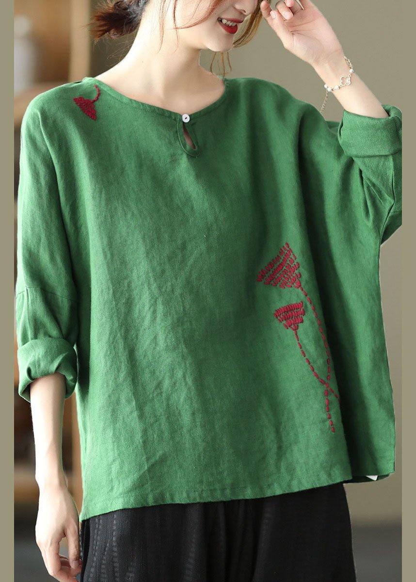 Plus Size Green Loose Embroideried Fall Linen Shirt Tops Long Sleeve