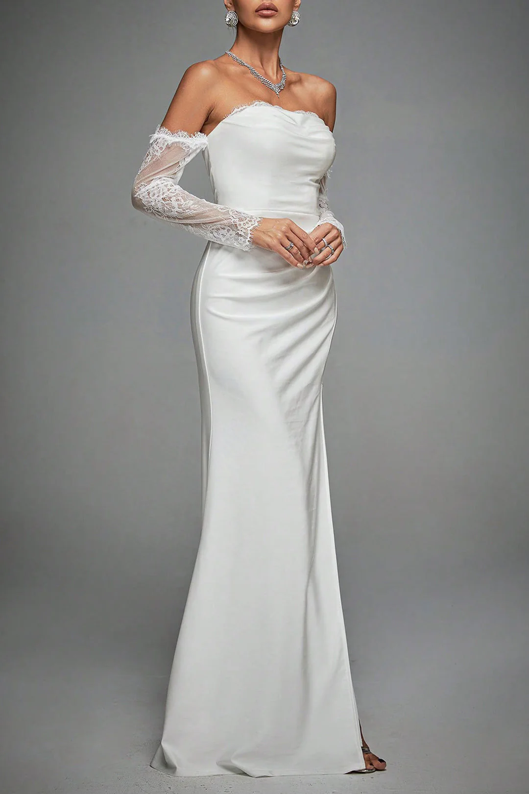 Lace Patchwork Backless Strapless Maxi Dress