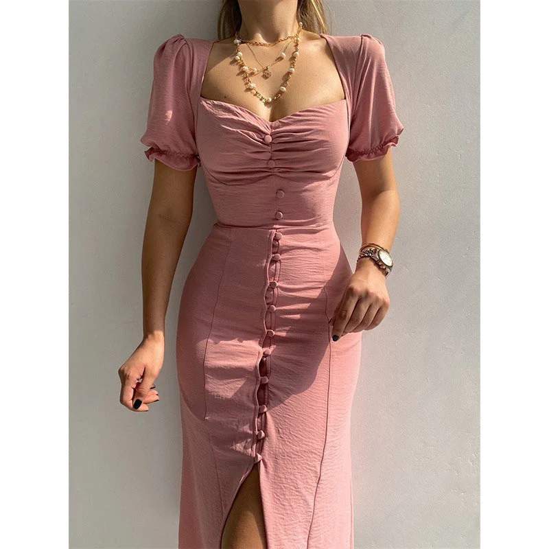 Button-Down Puff Sleeve Midi Dress